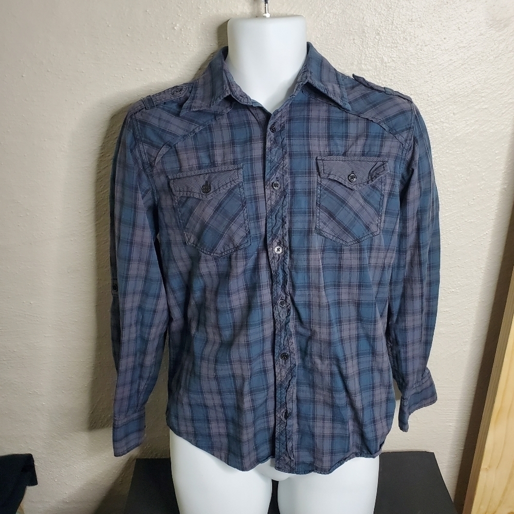 Point Zero Shirt Button Down Long Sleeve Plaid Burst Pockets